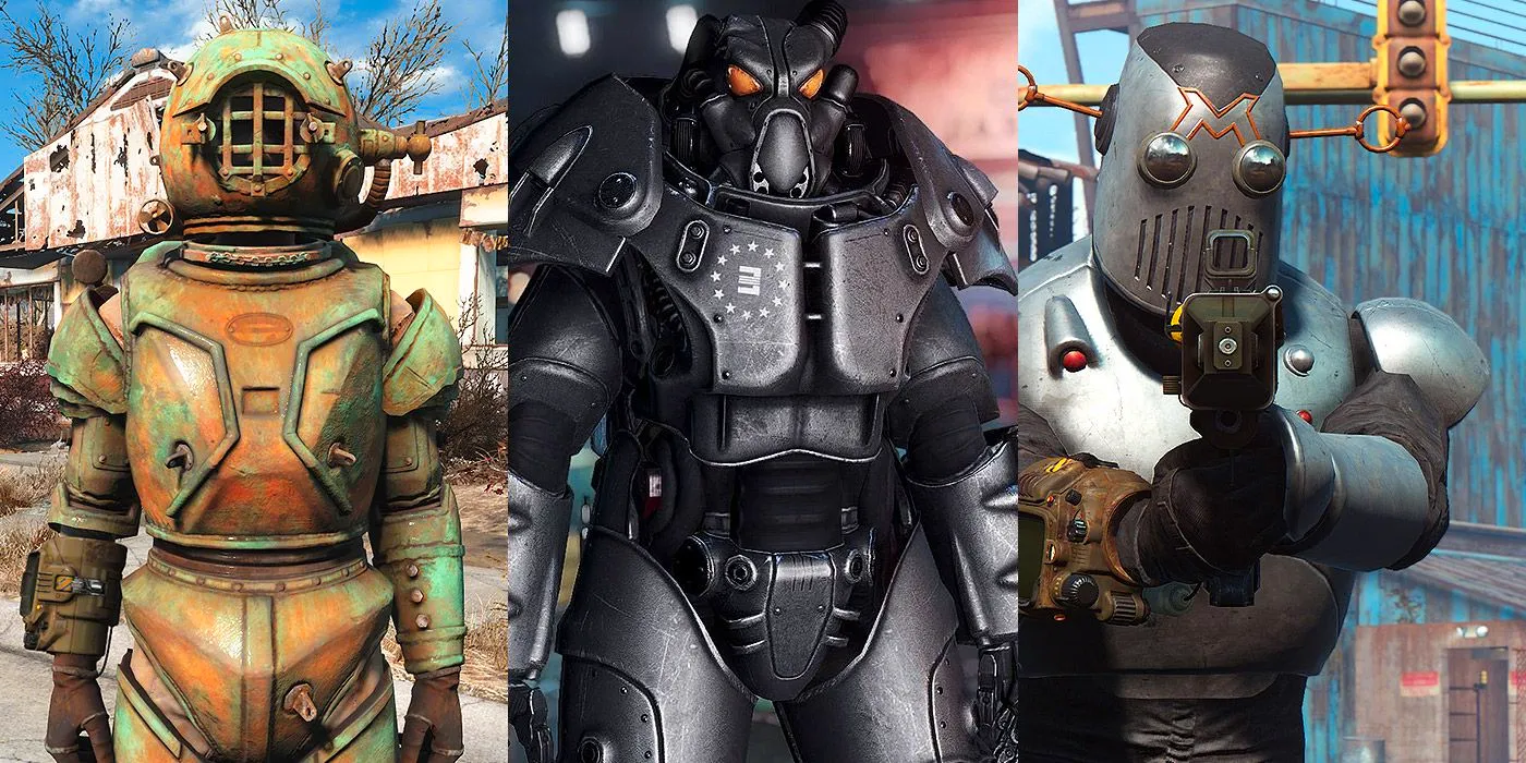 Split image of the Mechanist's Armor, Power Armor and Diver Suit from Fallout 4 Image