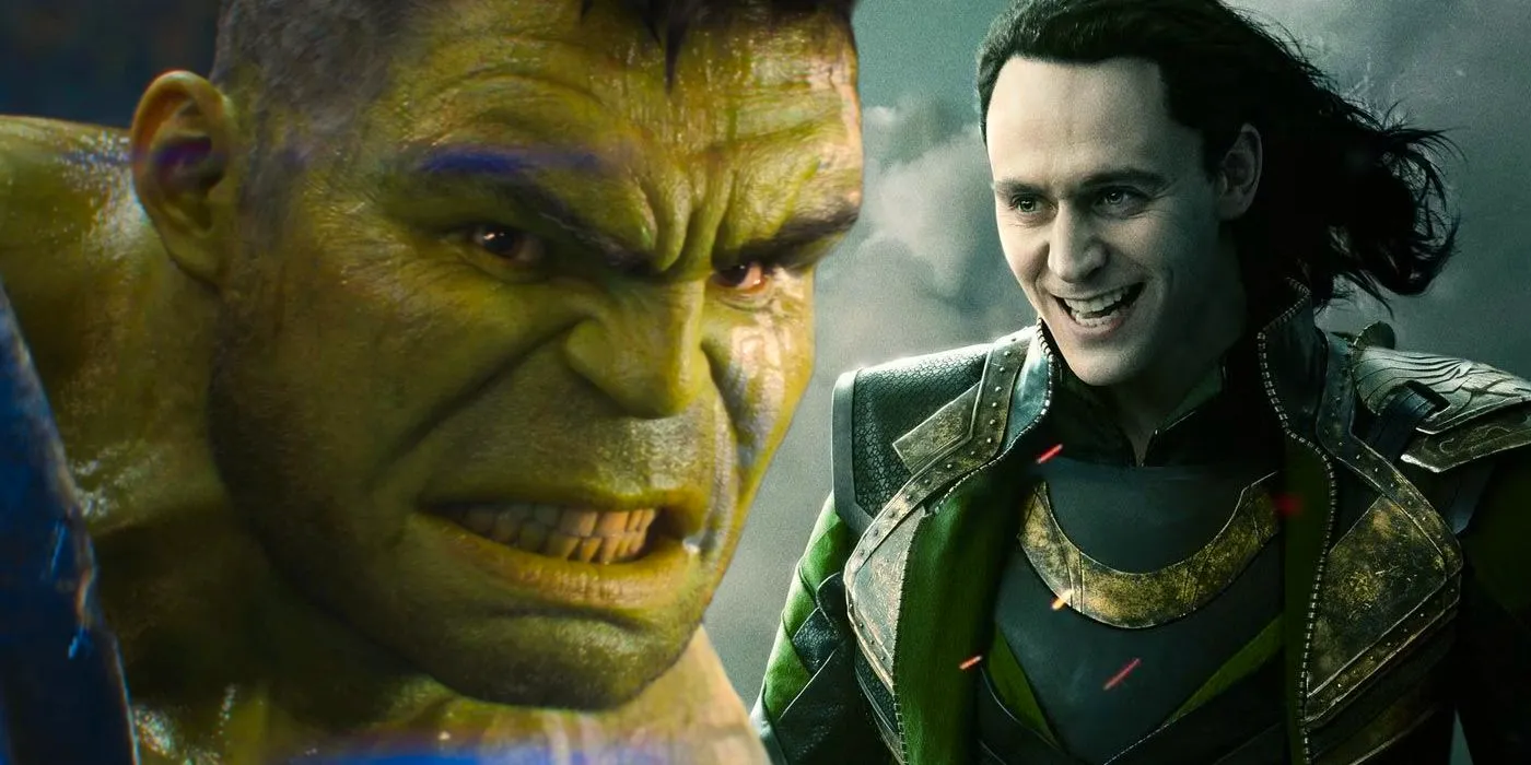 Split image of Tom Hiddleston as Loki on a poster for Thor: The Dark World and Mark Ruffalo as Hulk in Thor: Ragnarok Image