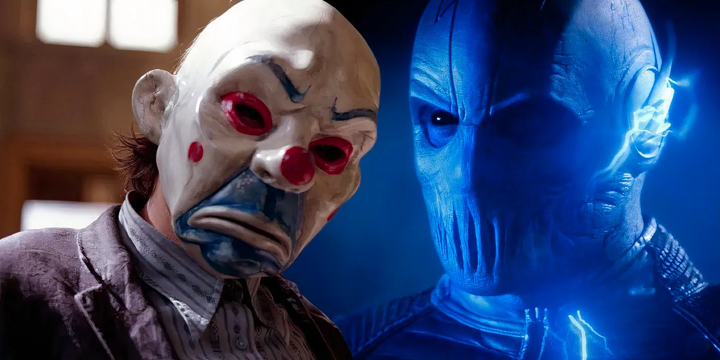 Split image of Zoom in The Flash and the Joker in a mask in The Dark Knight Image