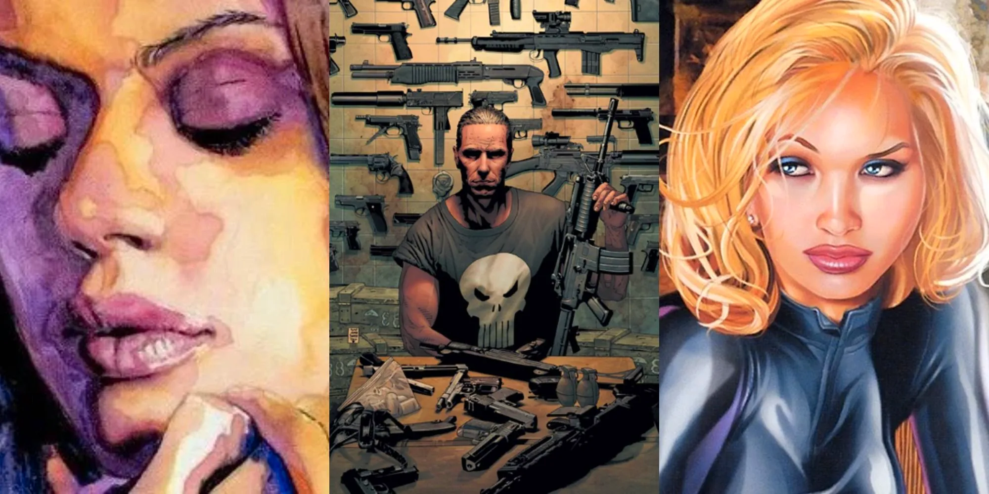 Split image pf Yelena Belova, Punisher, and Jessica Jones from Marvel MAX comics. Image