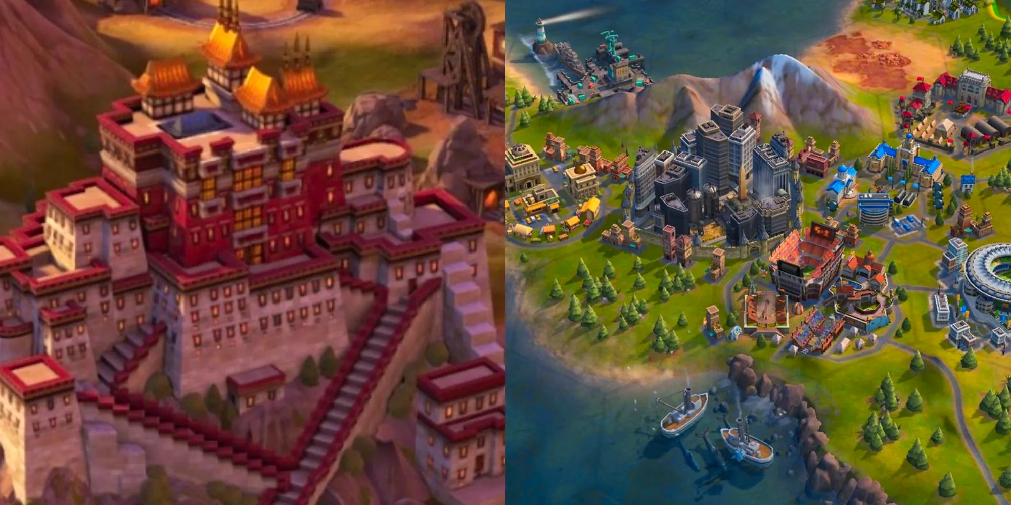 Split image showing a settlement in Civilization 6, and the Potala Palace Image