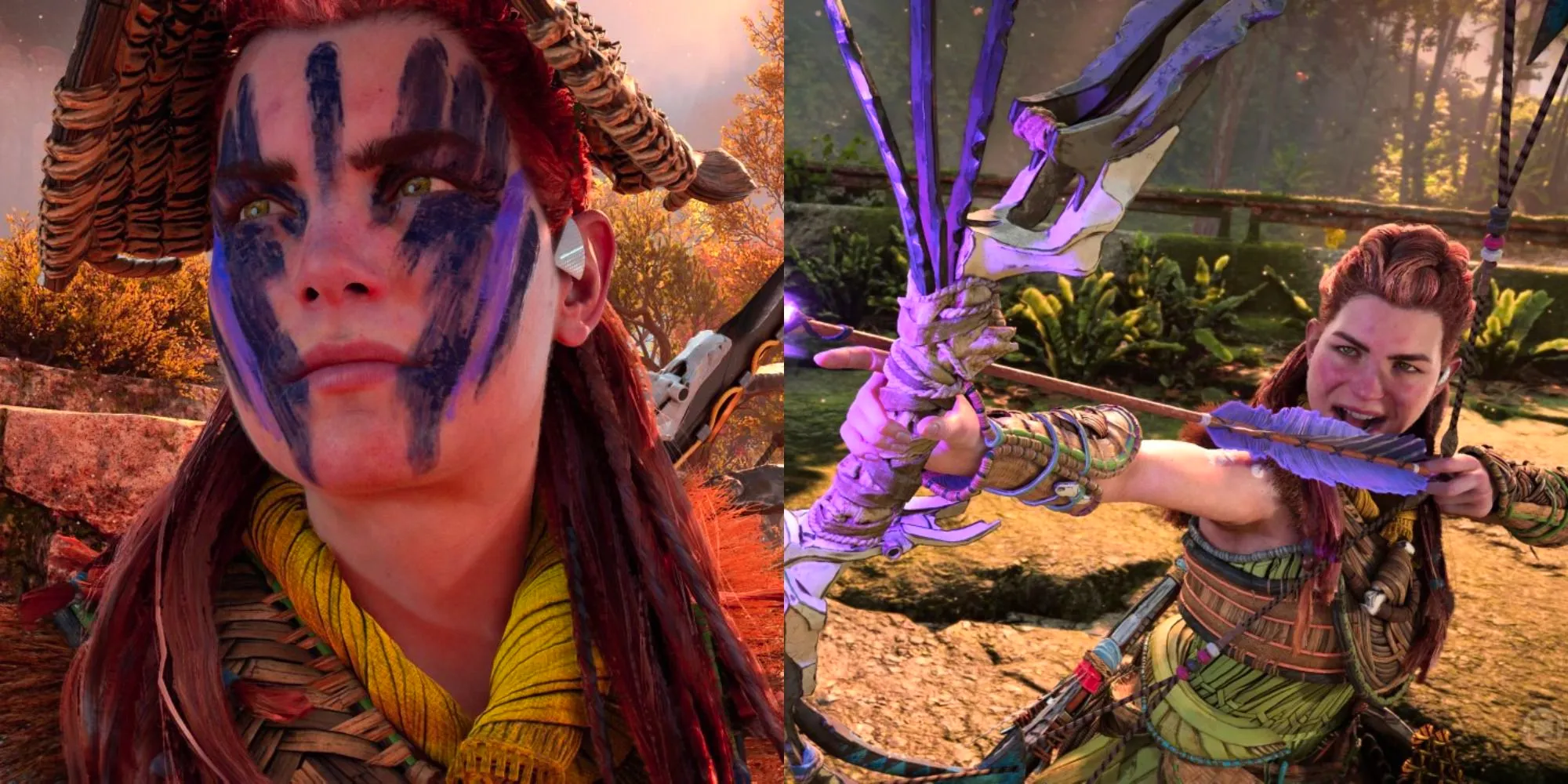 Split image showing Aloy hunting and wearing face paint in Horizon Forbidden West Image