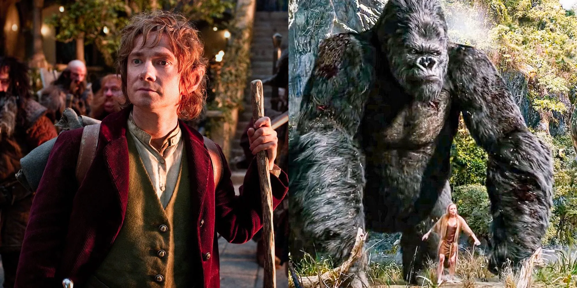 Split image showing King Kong and Anne in King Kong and Bilbo in The Hobbit Image