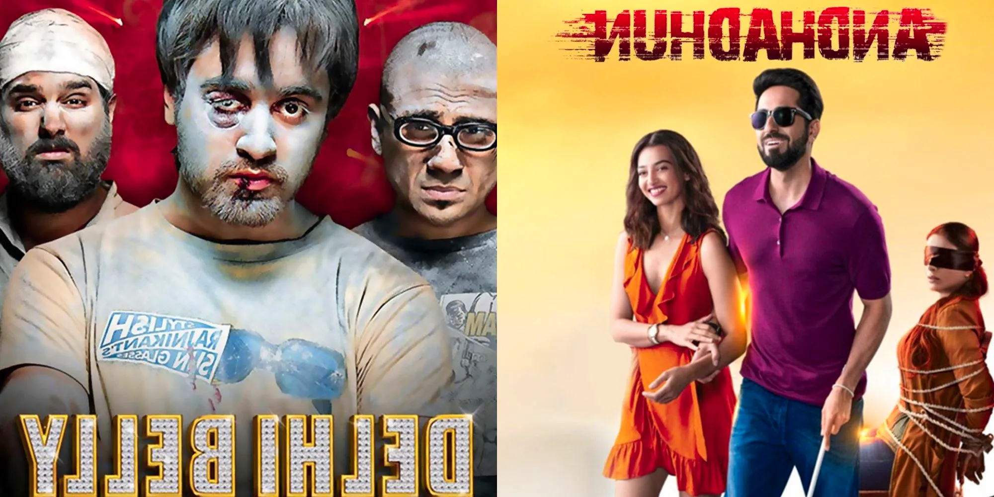 Split image showing posters for Andhadhun and Delhi Belly. Image