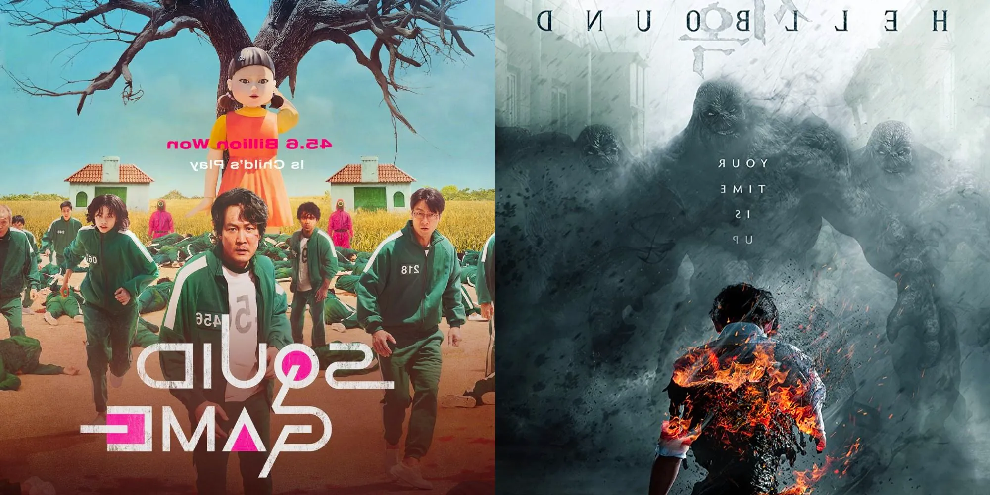 Split image showing posters for the Netflix shows Hellbound and Squid Game Image