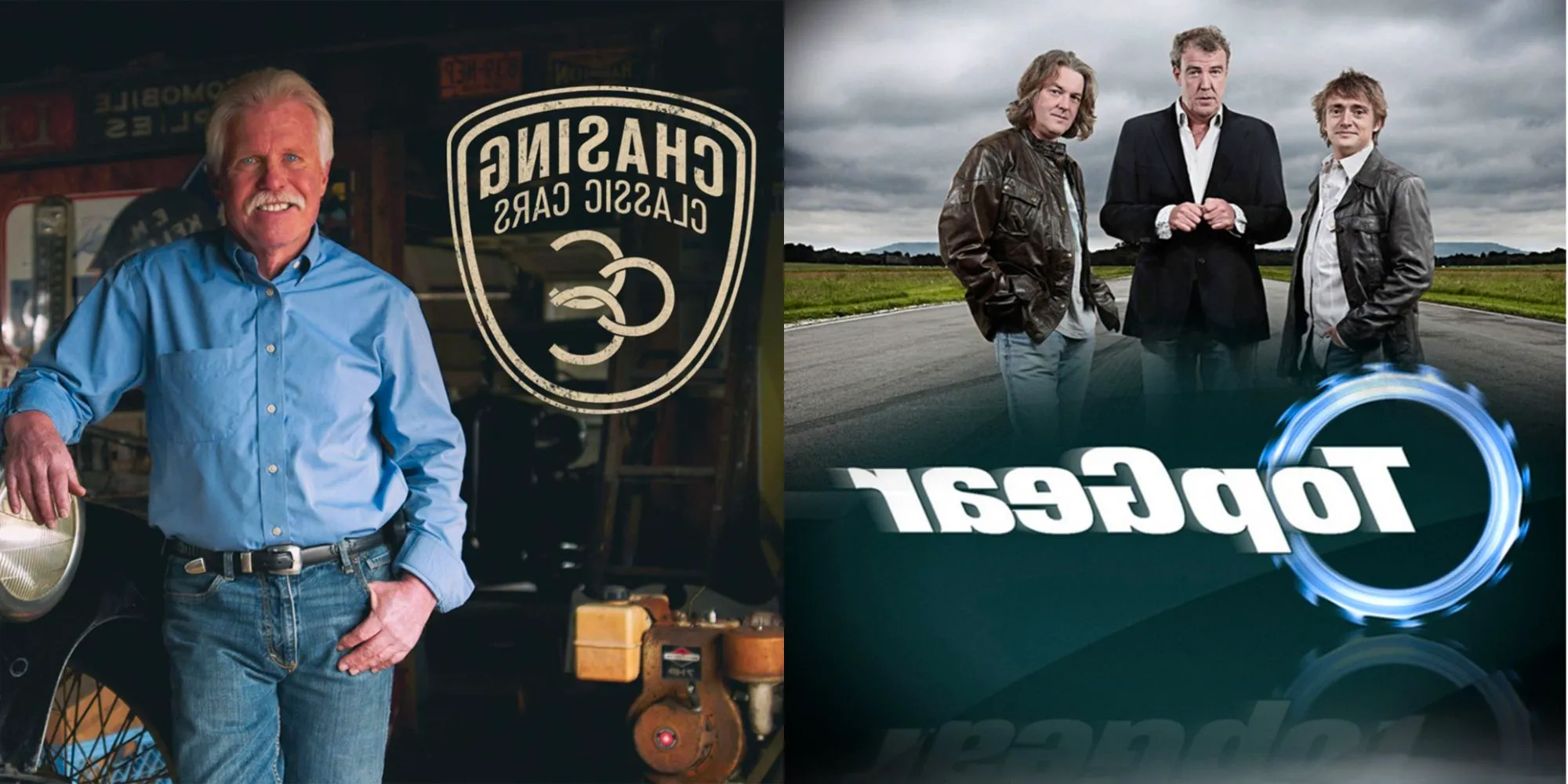 Split image showing posters for the shows Top Gear and Chasing Classic Cars. Image