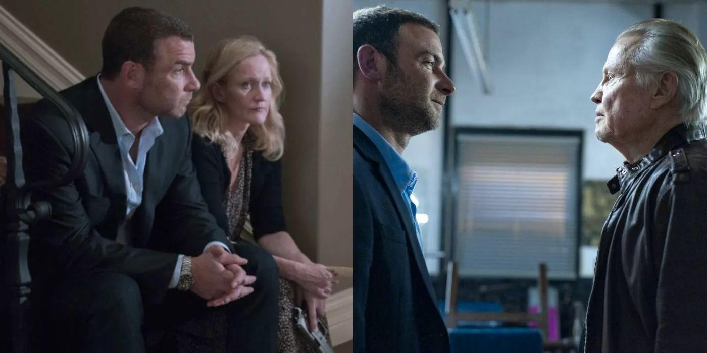 Split image showing Ray arguing with his father and Ray talking to Abby in Ray Donovan Image