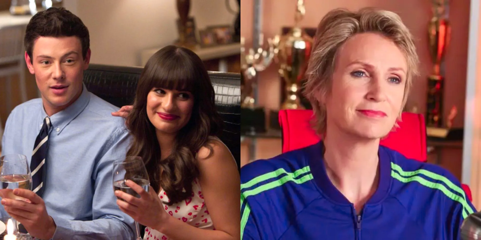 Split image showing Sue and Rachel with Finn in Glee. Image