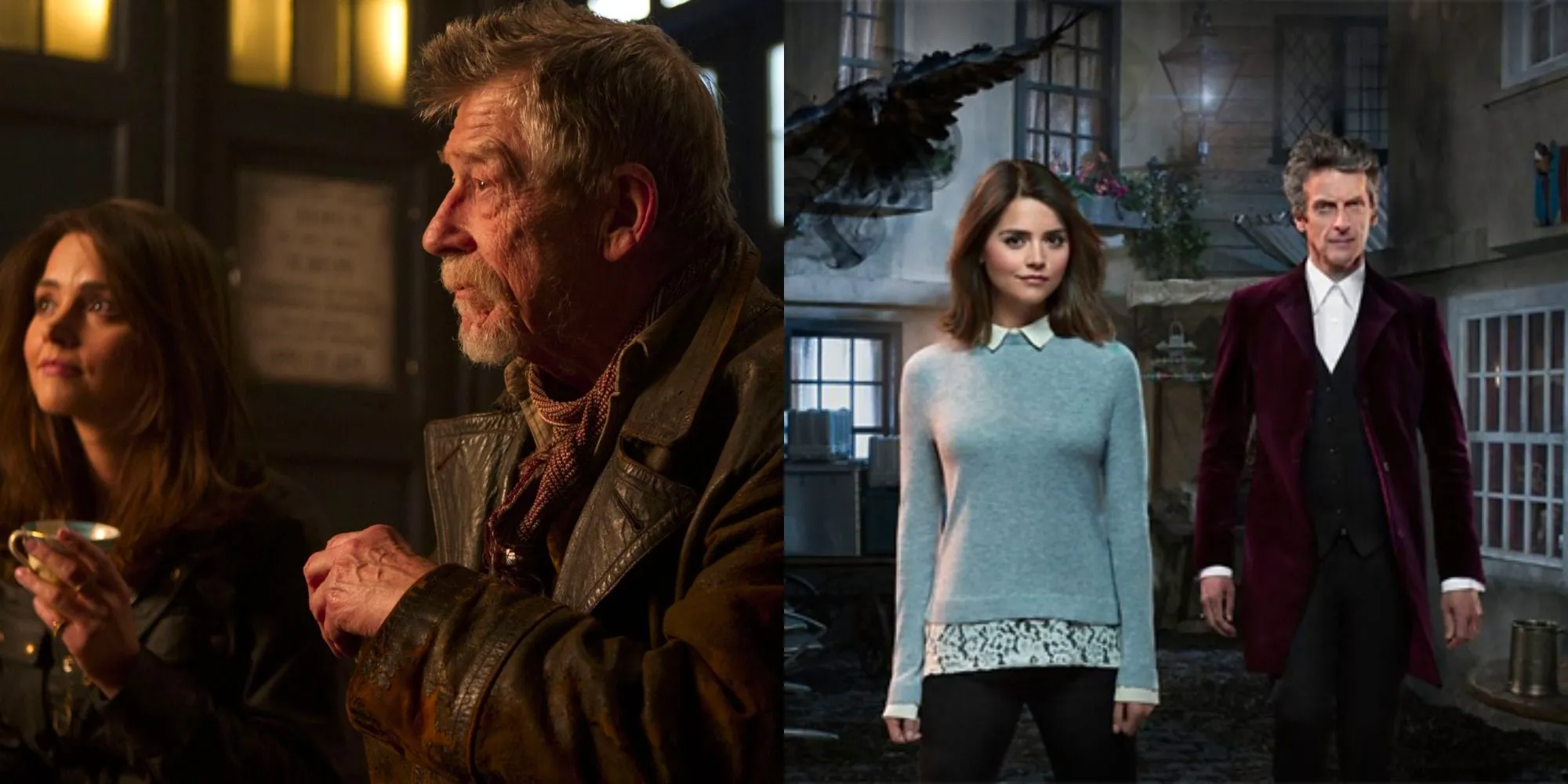 Split image showing the Twelfth and Clara, and the War Doctor and Clara in Doctor Who Image