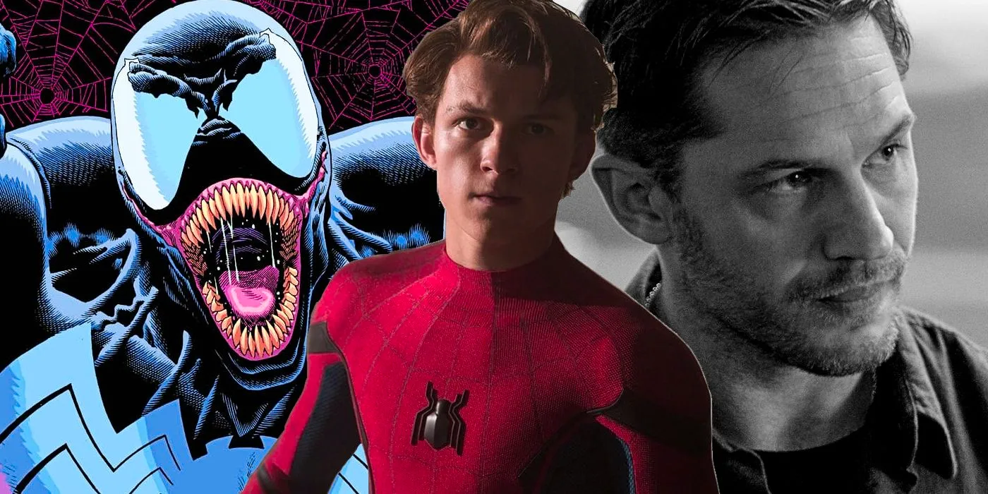 Split Image: Tom Hardy scowls as Eddie Brock in Venom; Tom Holland with a shadow over his face in Spider-Man; Comic book venom attacks the screen Image