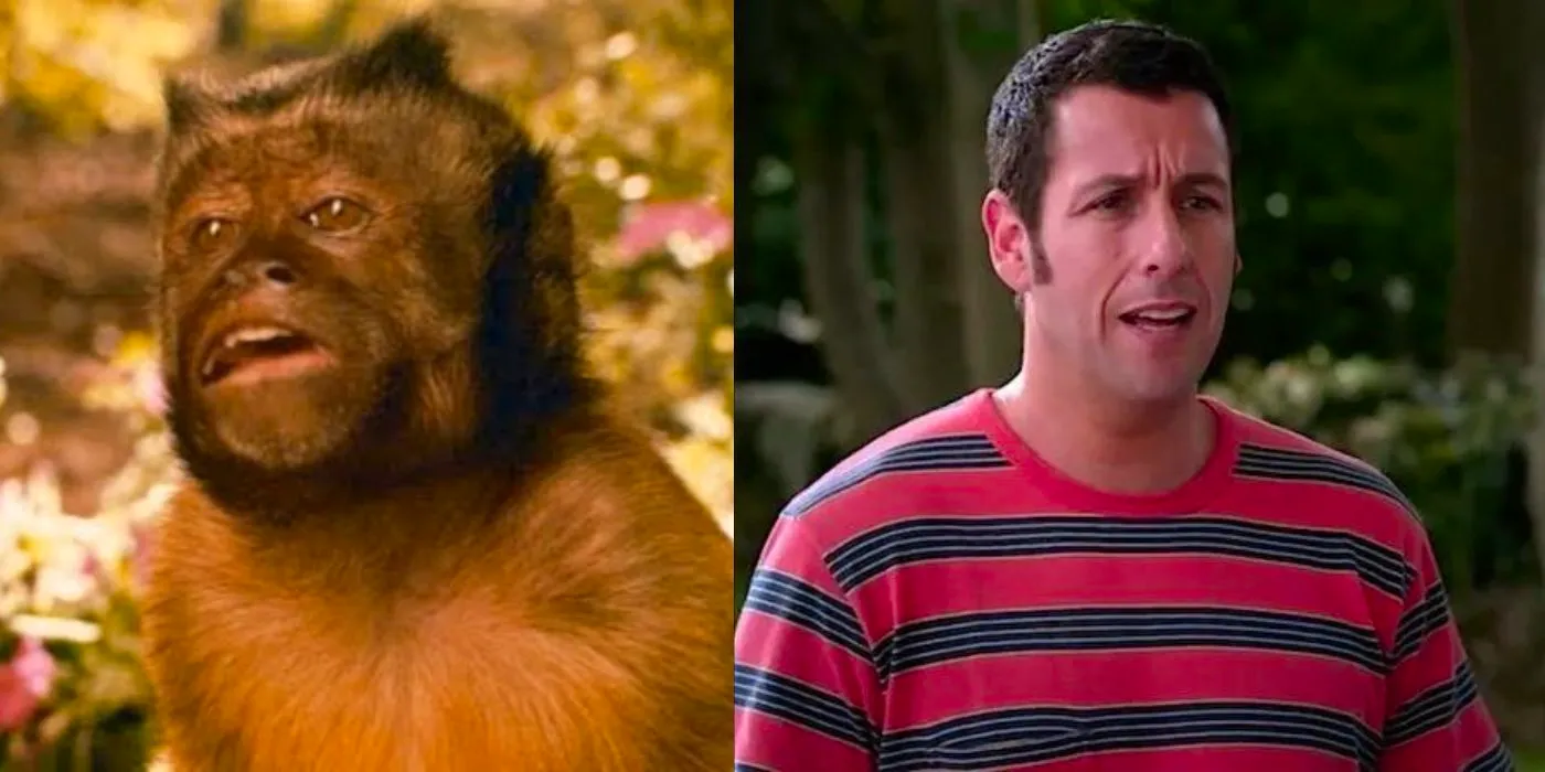 Split images of Adam Sandler looking sideways and a monkey in Zookeeper Image