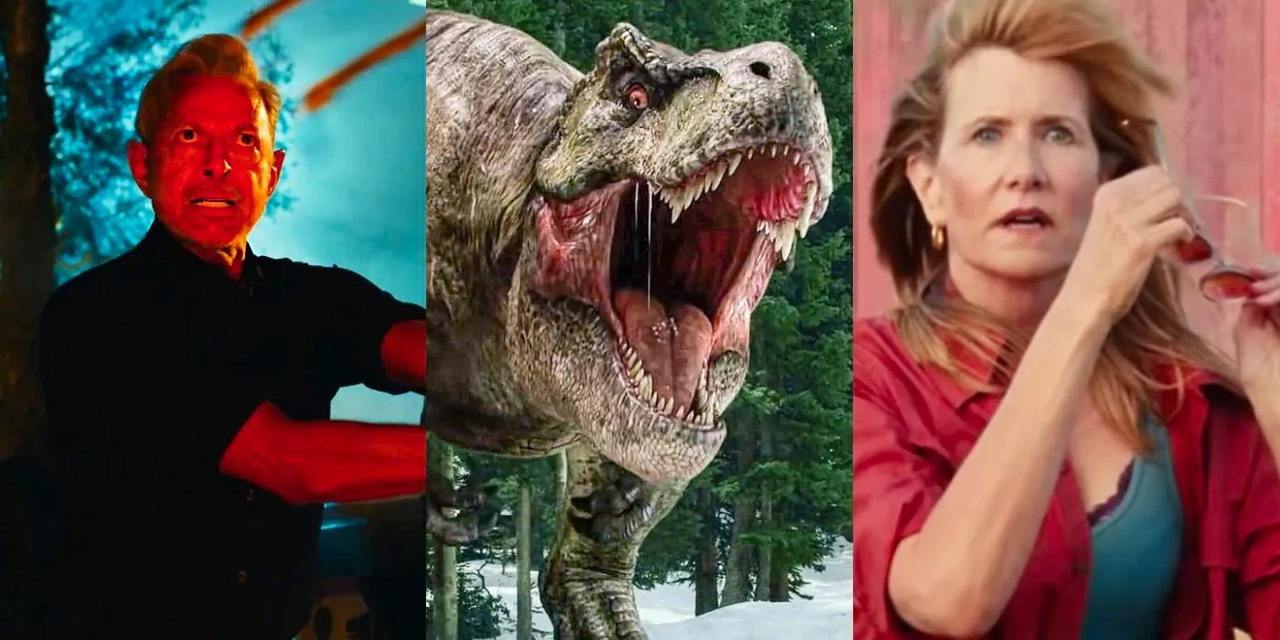 Split images of Ellie Sattler, a T-Rex, and Ian Malcolm in Jurassic World Dominion Image