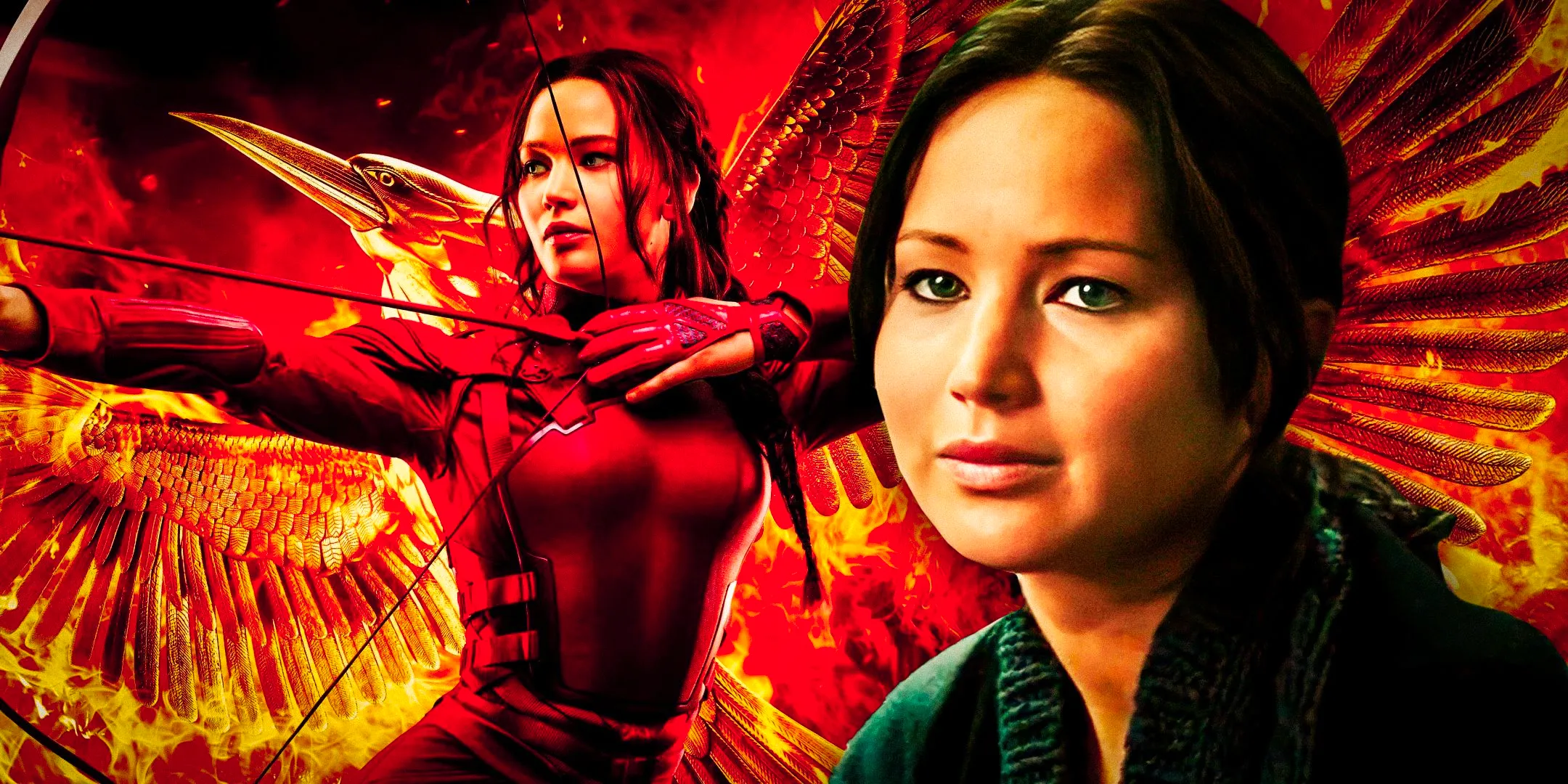 Split images of Jennifer Lawrence as Katniss Everdeen in The Hunger Games: Catching Fire and Mockingjay Image