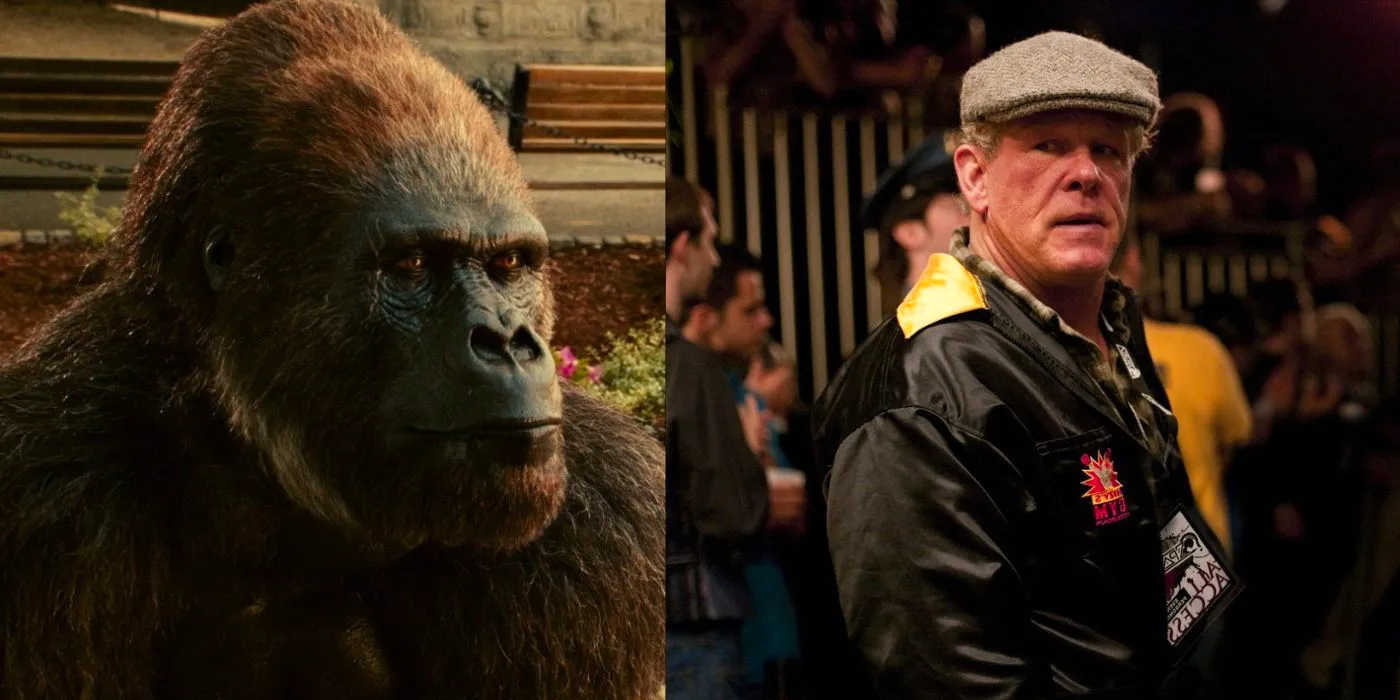 Split images of Nick Nolte looking serious in Warrior and a gorilla in Zookeeper Image