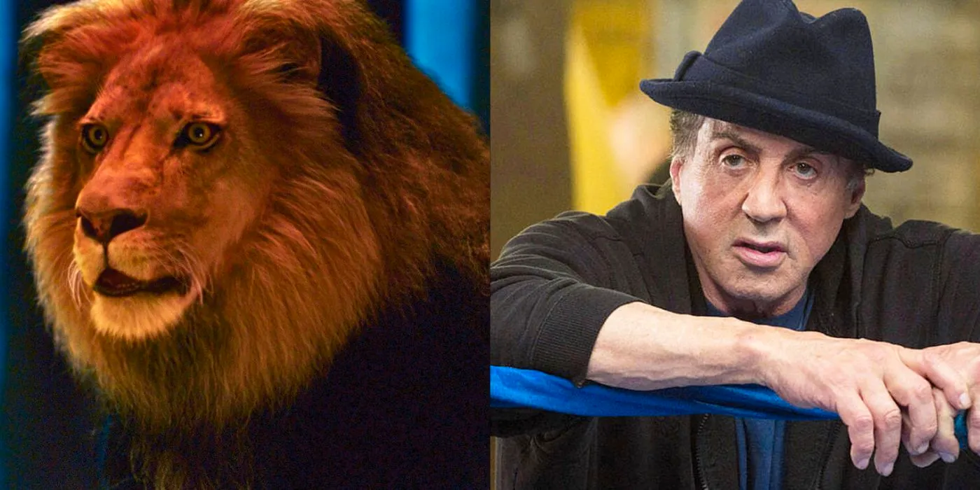 Split images of Sylvester Stallone in Creed and Joe the lion looking sideways in Zookeeper Image