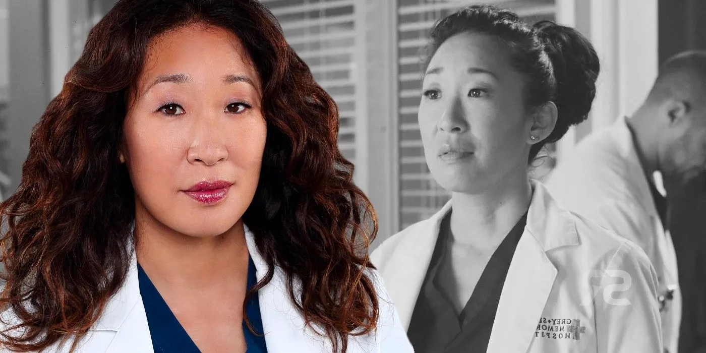 Split side-by-side image of Cristina Yang in black-and-white and in color on Grey's Anatomy Image