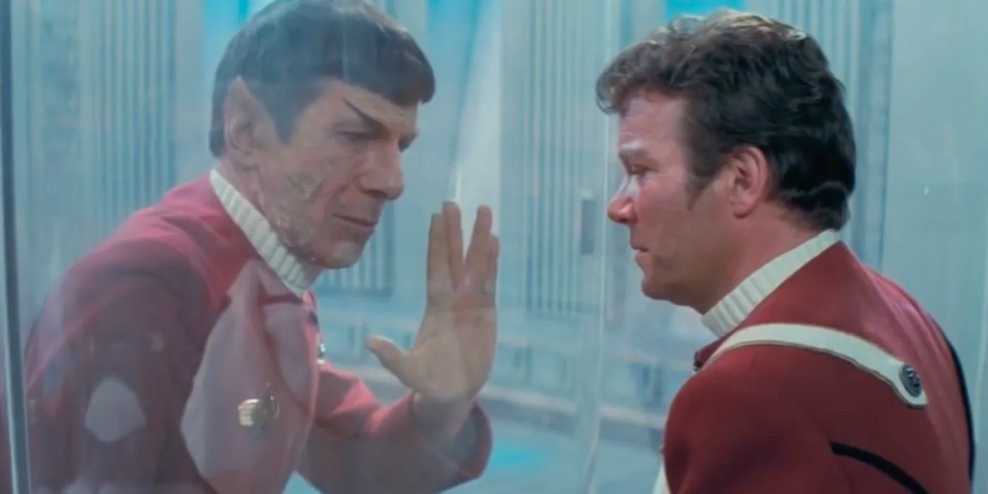 Spock gives Kirk the Vulcan salute through glass in Wrath of Khan  Image