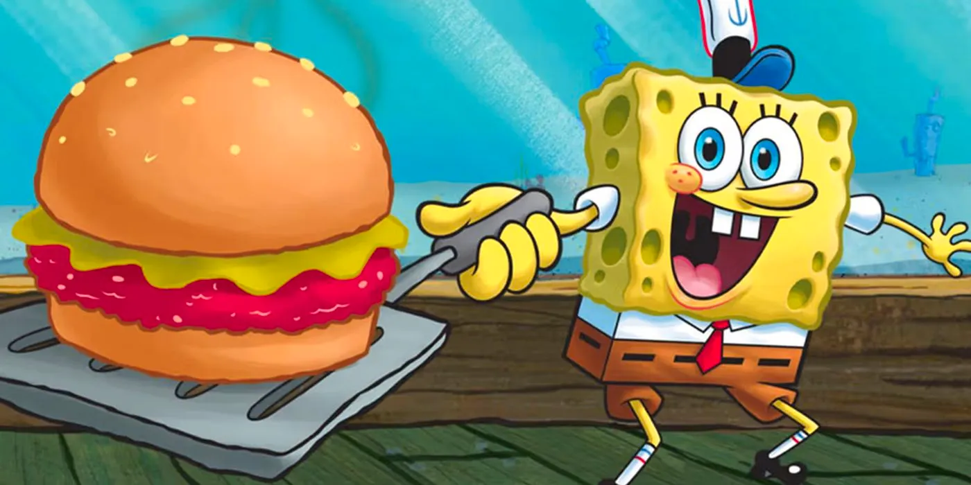 SpongeBob holding a Krabby Patty on his spatula Image