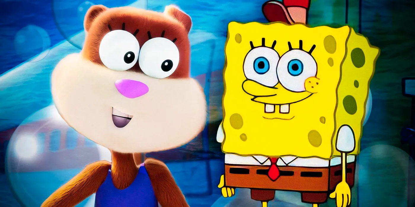 SpongeBob SquarePants in 2d animation and Sandy Cheeks in 3d Image