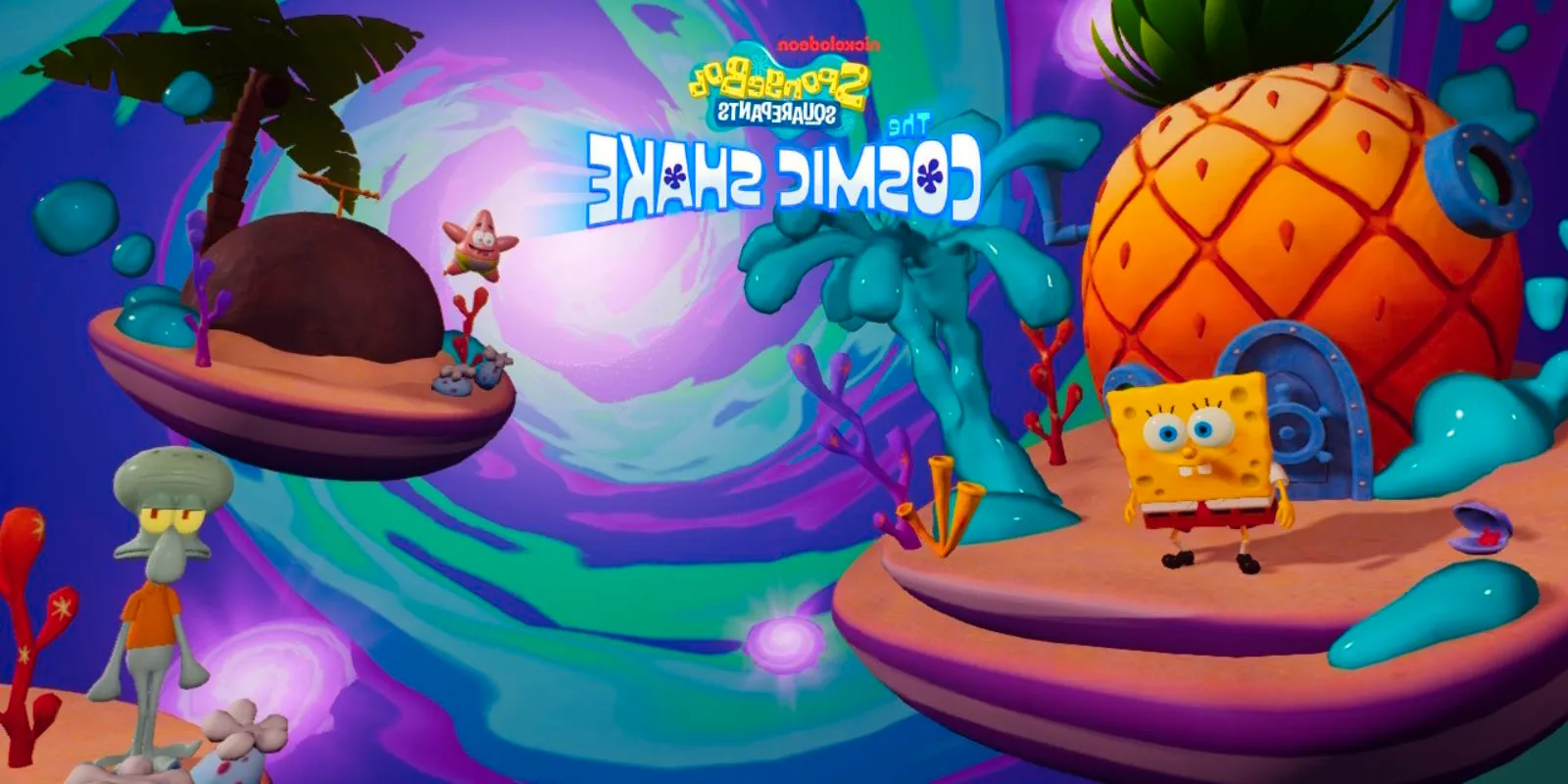 SpongeBob SquarePants The Cosmic Shake Marketing Image with Logo in center, SpongeBob to the Left things from Bikini Bottom broken up in an interdimensional portal Image