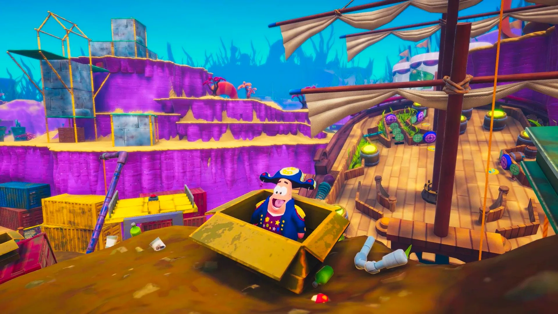 SpongeBob Squarepants The Patrick Star Game image showing Patrick in a cardboard box looking excited, a large ship is behind him. Image