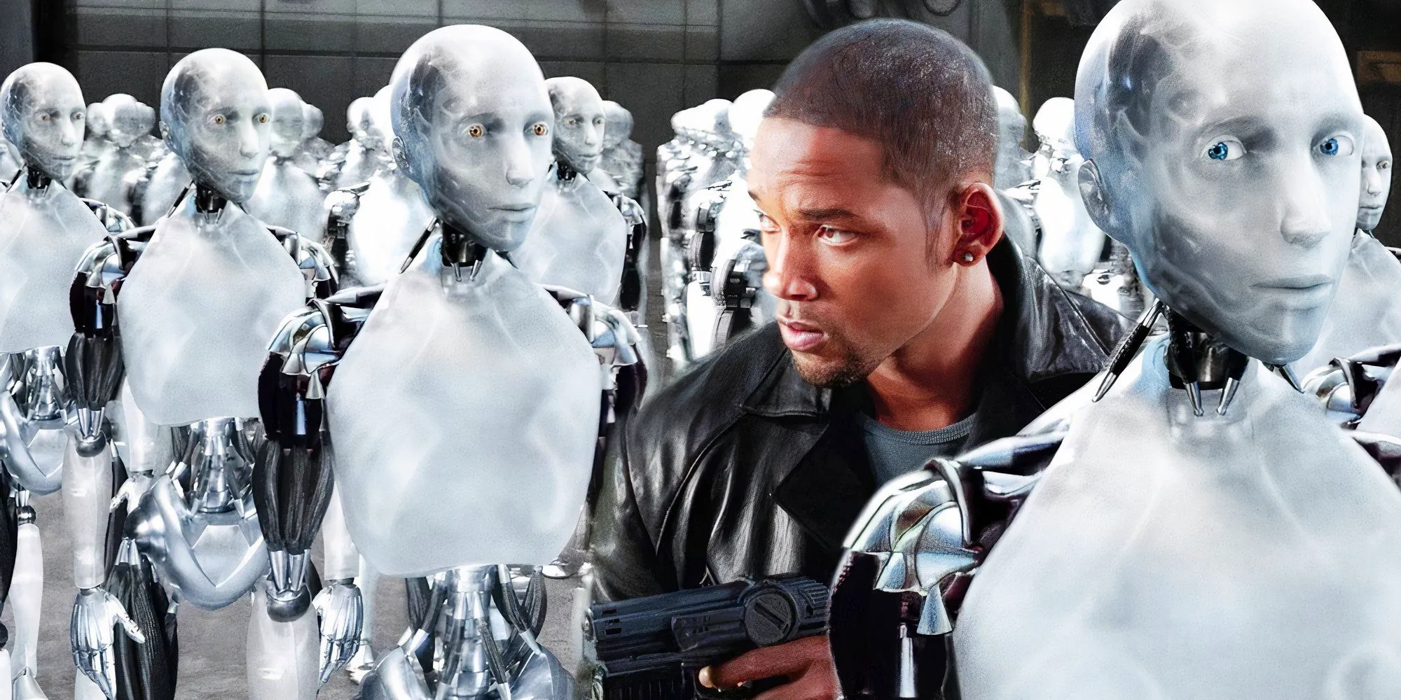 Spooner holding a gun and slinking through a crowd of NS-5 robots in I, Robot Image