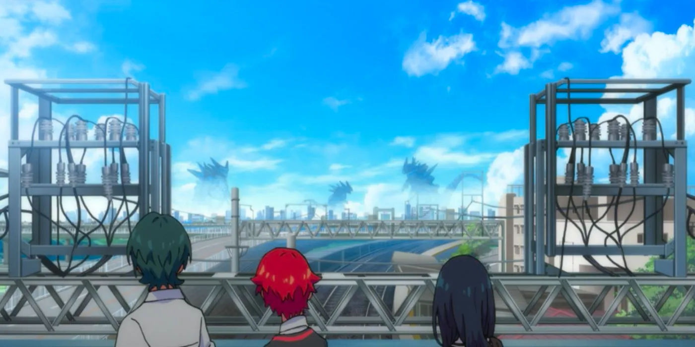 SSSS.Gridman: Rikka, Utsumi, and Yuta look out at the Kaiju only they remember. Image