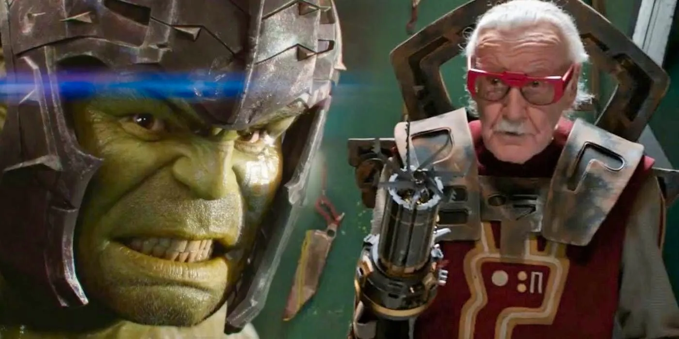 Stan Lee as cyborg barber next to Hulk in Gladiator Armor Image