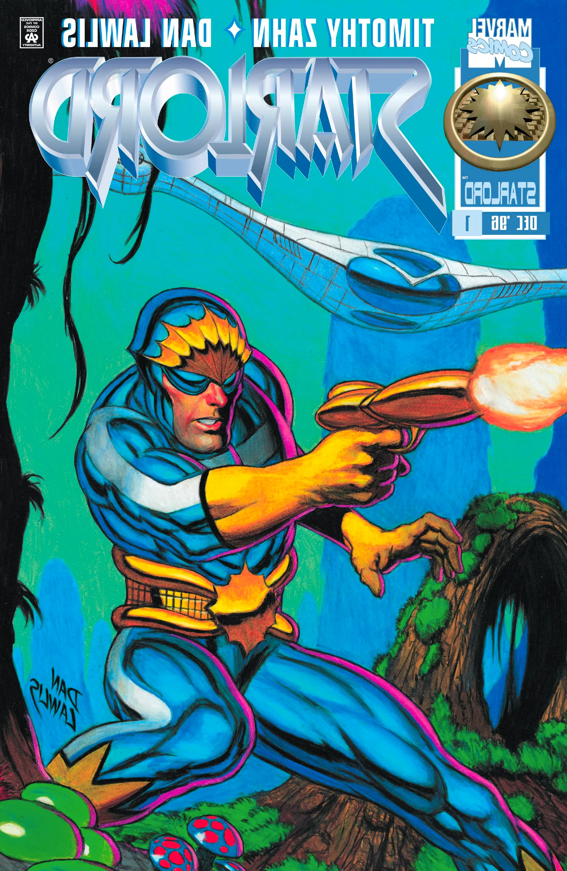 Star Lord #1 cover, the new Star-Lord amid an alien jungle, firing a laser pistol. Image