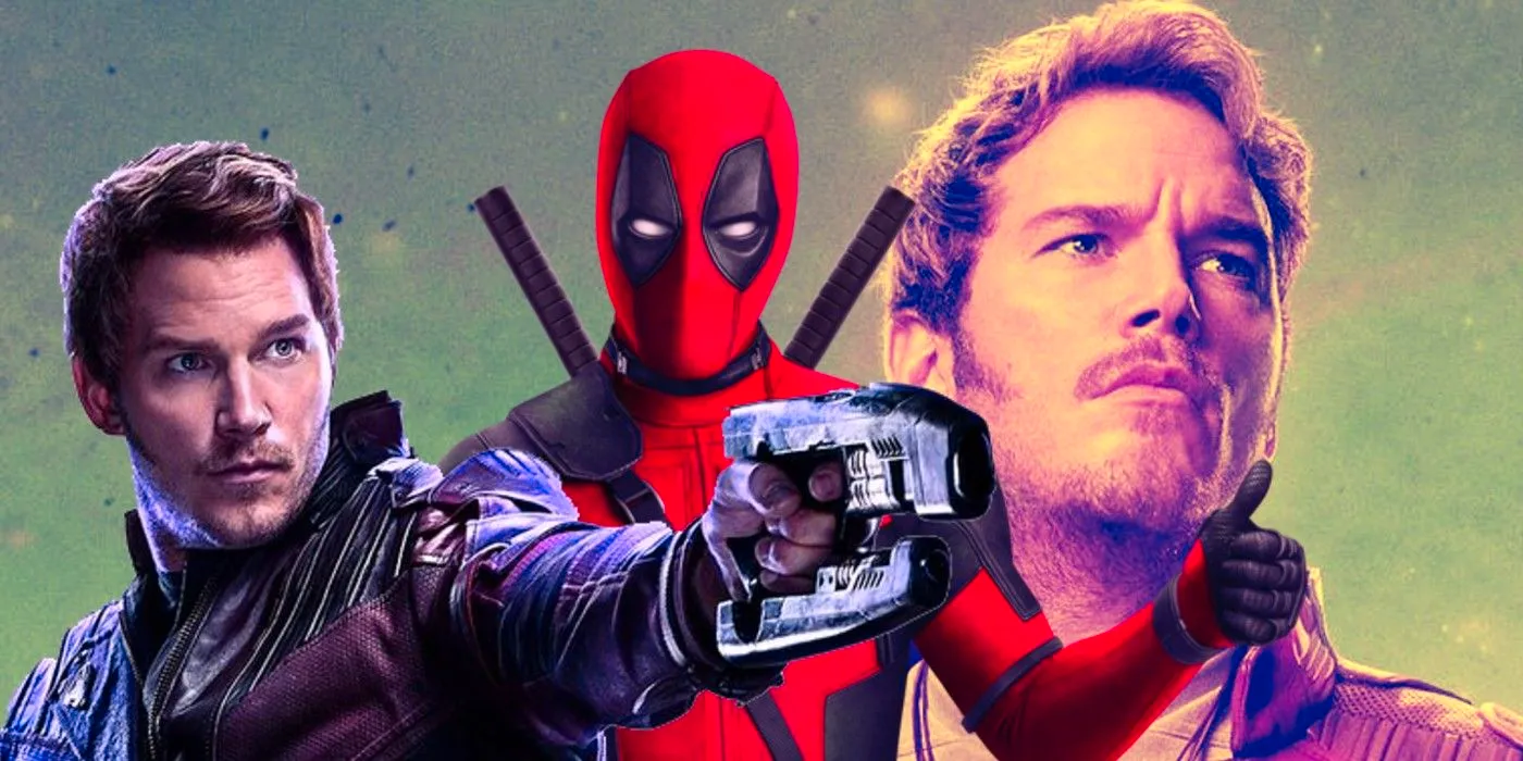 Star Lord stares off into the distance in the background, as Deadpool gives a thumbs up, and another image of Star-Lord shows him ready to shoot his blaster. Image