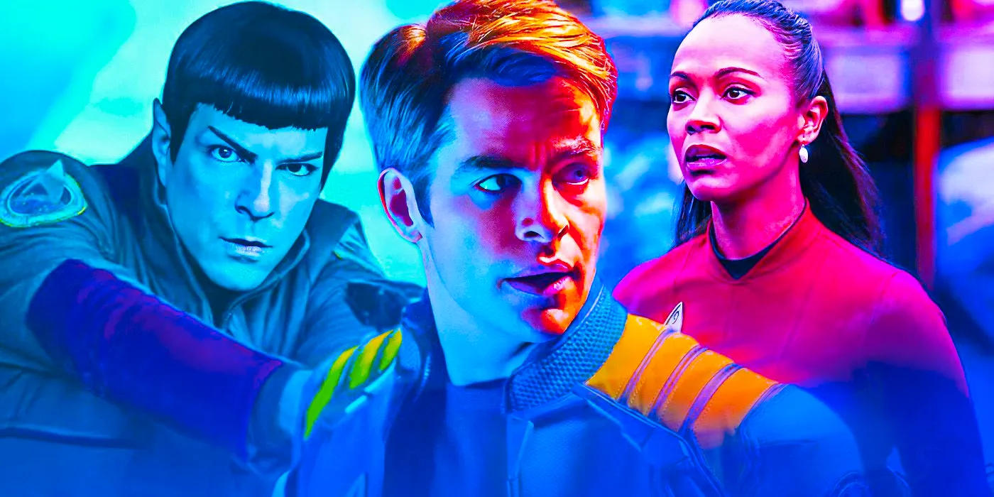 Star Trek, J.J. Abrams movies. Chris Pine as Captain James T. Kirk, Zoe Saldana as Nyota Uhura, Zachary Quinto as Spock. Image