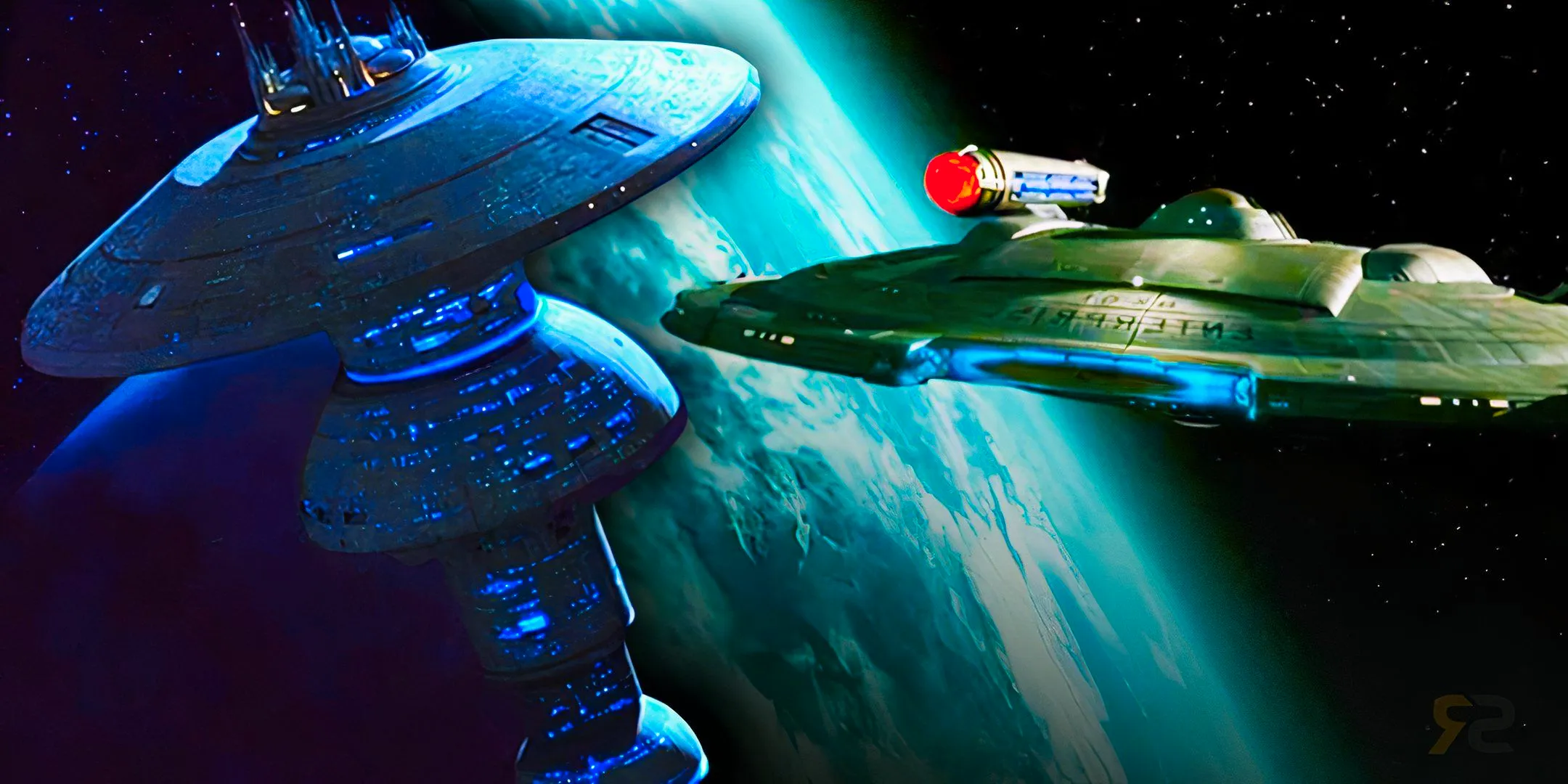 Star Trek's NX-01 Enterprise and Space dock over Earth Image