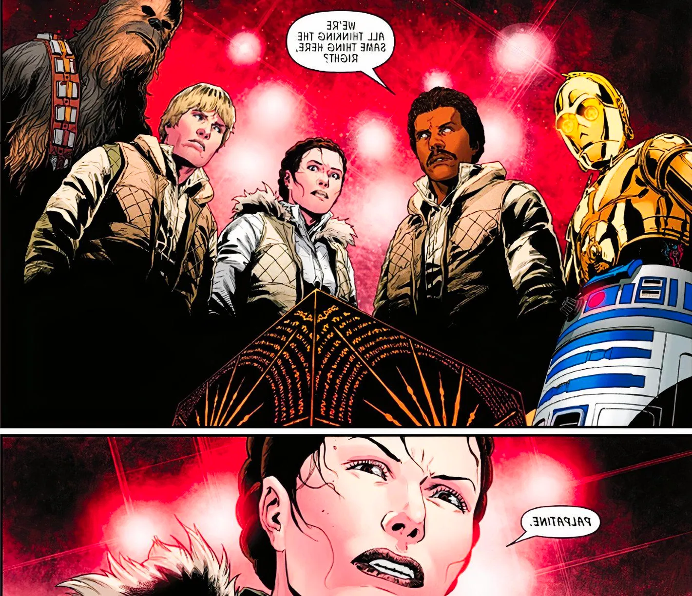 Star Wars #50, the heroes of the Original Trilogy in unanimous agreement they should use the Grim Rose to kill Palpatine Image