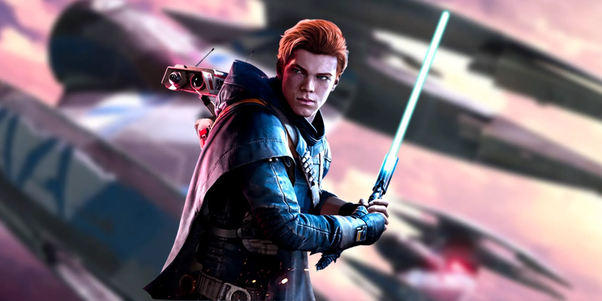 Star Wars Jedi Survivor protagonist Cal Kestis superimposed onto an image of vulture droids. Image