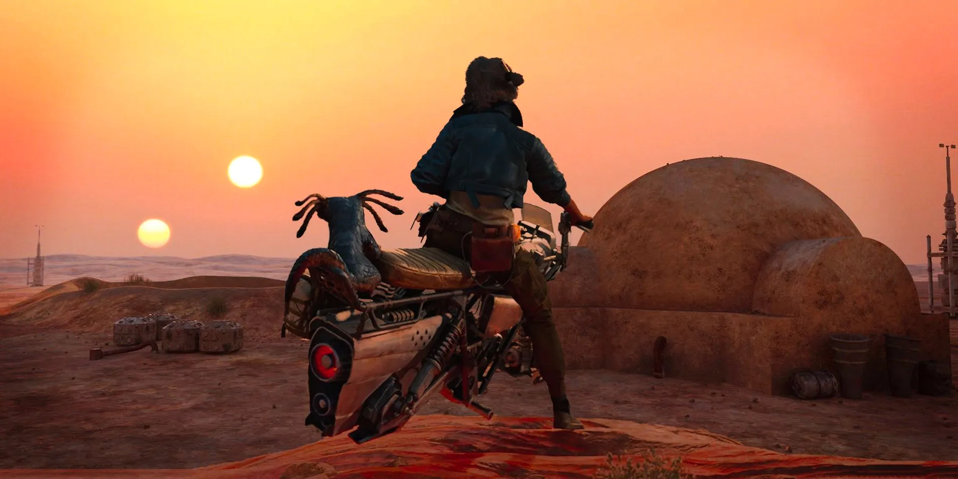 Star Wars Outlaws protagonist Kay Vess and her companion Nix sitting on a speeder bike looking toward the iconic dual sunset on Tatooine. Image