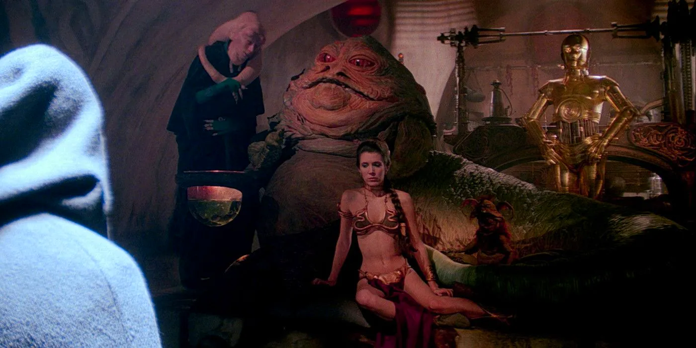 Star Wars: Princess Leia in slave/Hutt-slayer costume, Jabba, and Bib Fortuna in Jabba's palace Image