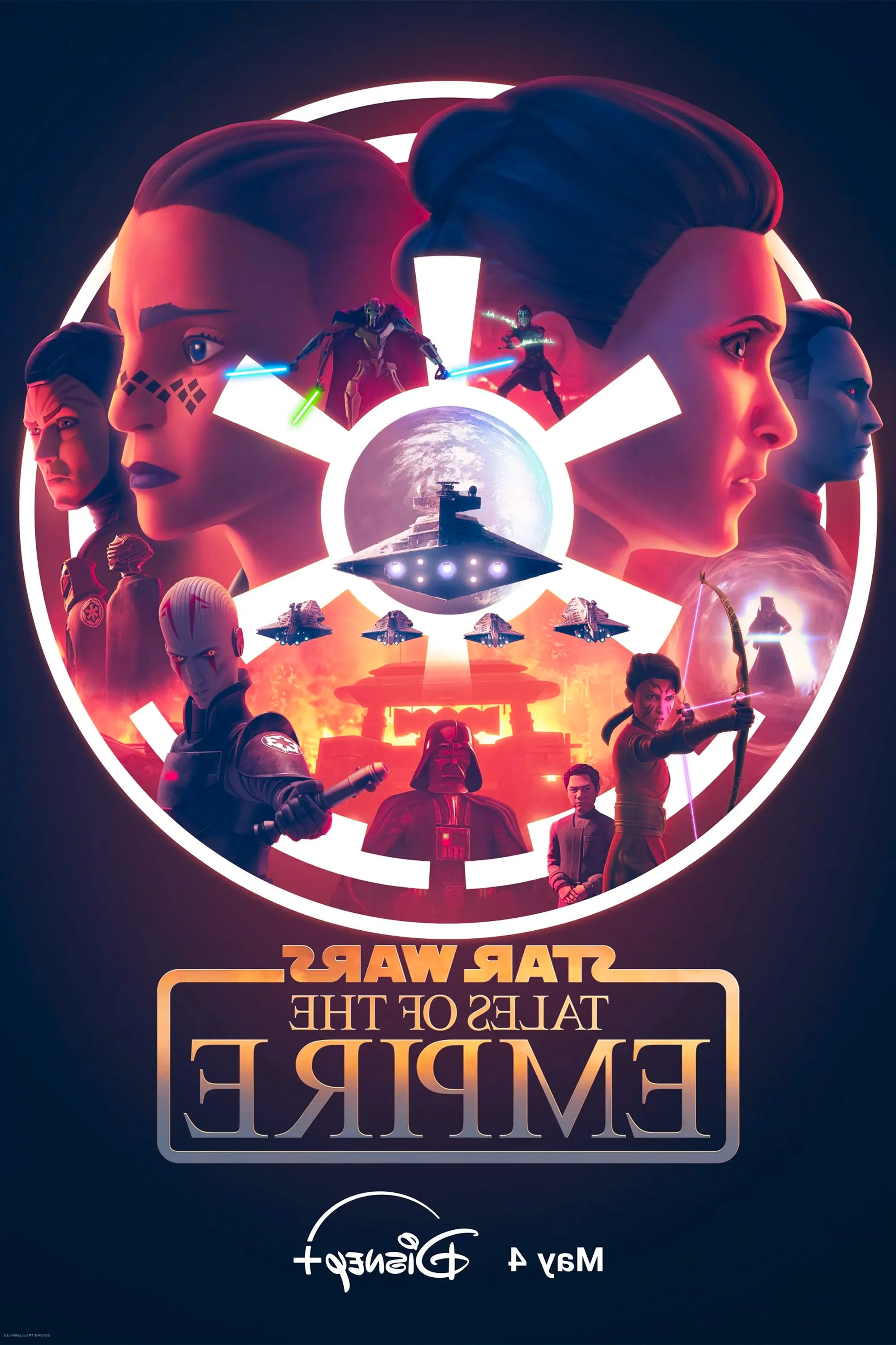 Star Wars Tales of the Empire Poster Showing Grand Admiral Thrawn, Ahsoka, Darth Vader, General Grievous, and Various Other Characters Inside the Imperial Logo Image