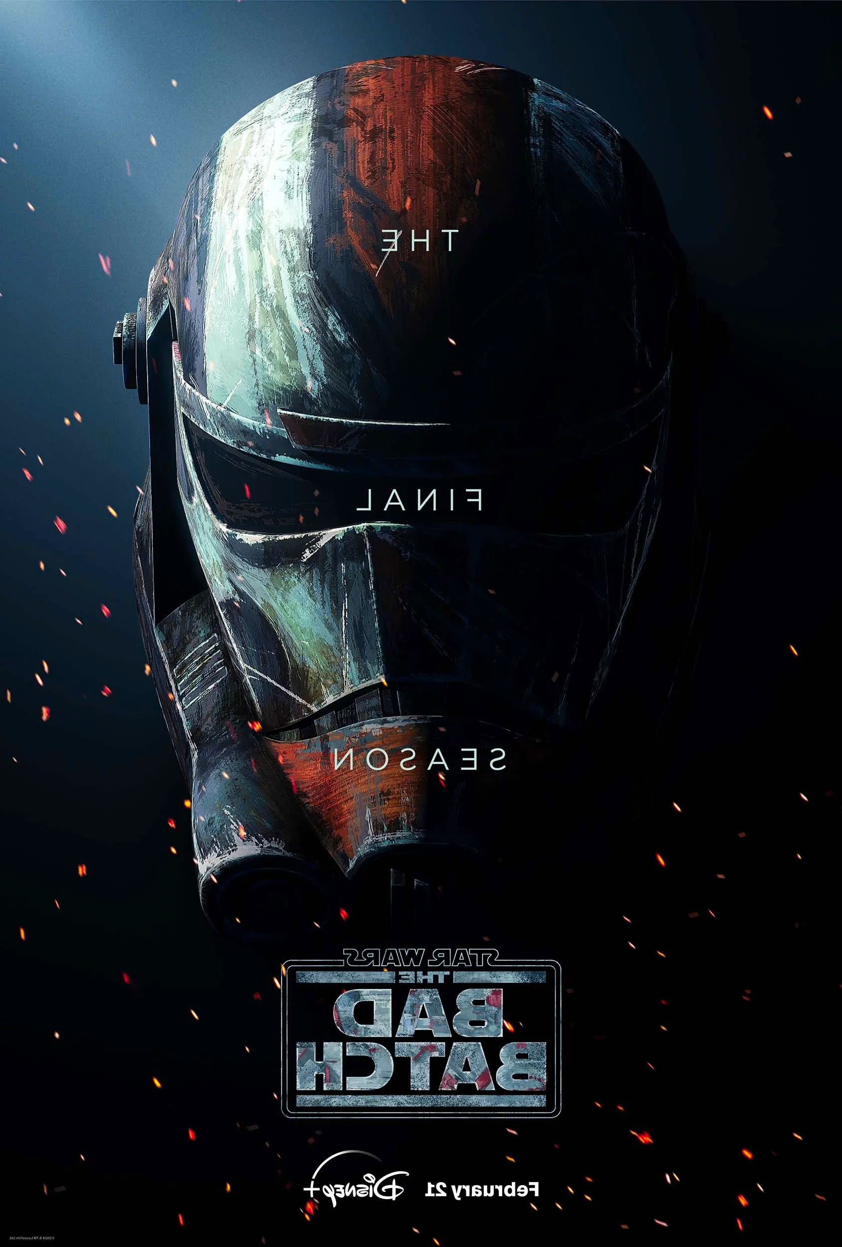 Star Wars The Bad Batch Season 3 Poster Showing a Painted Battle Damaged Clone Helmet Image