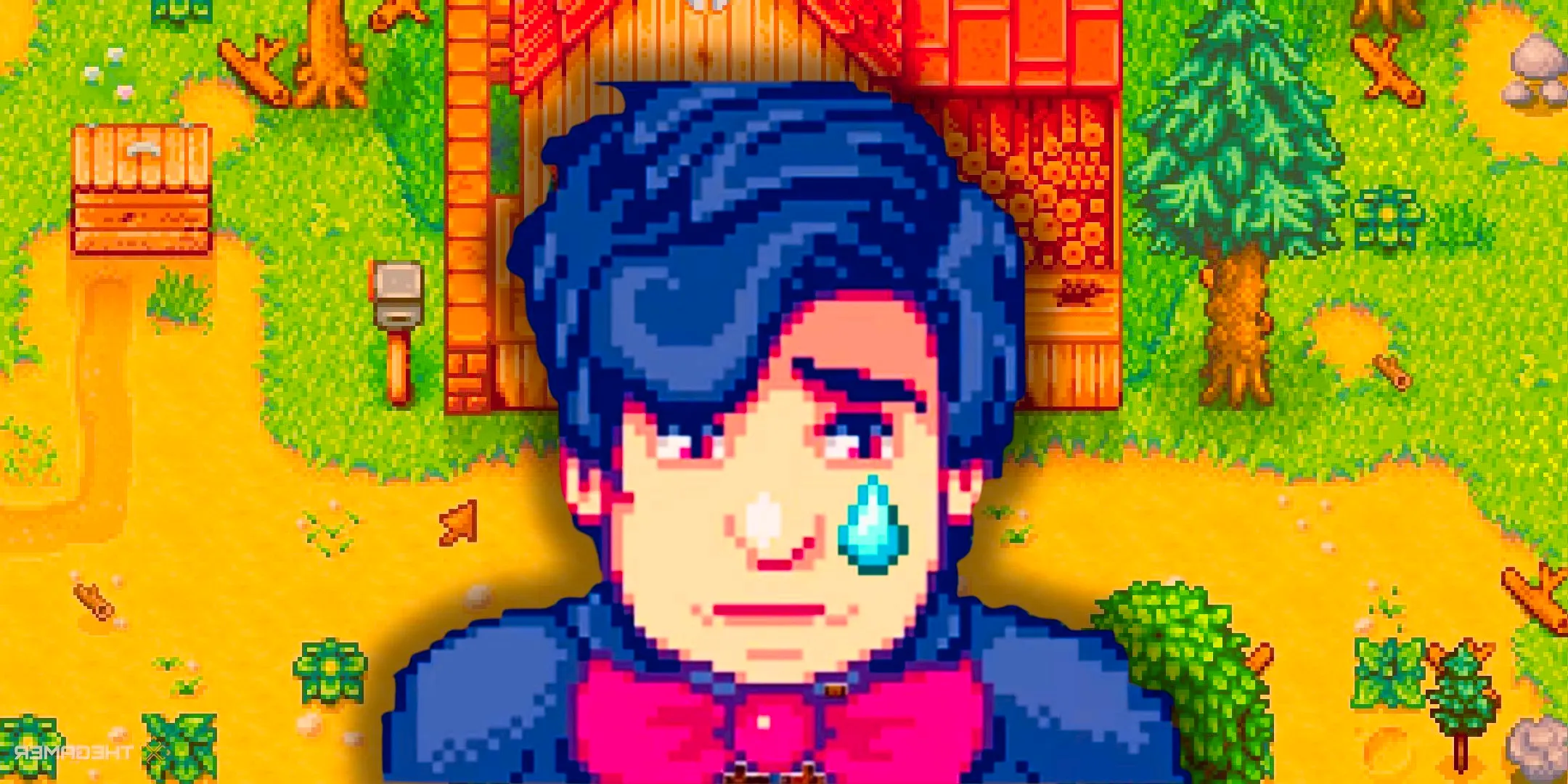 Stardew Valley character looking sad in front of a messy starter farm Image