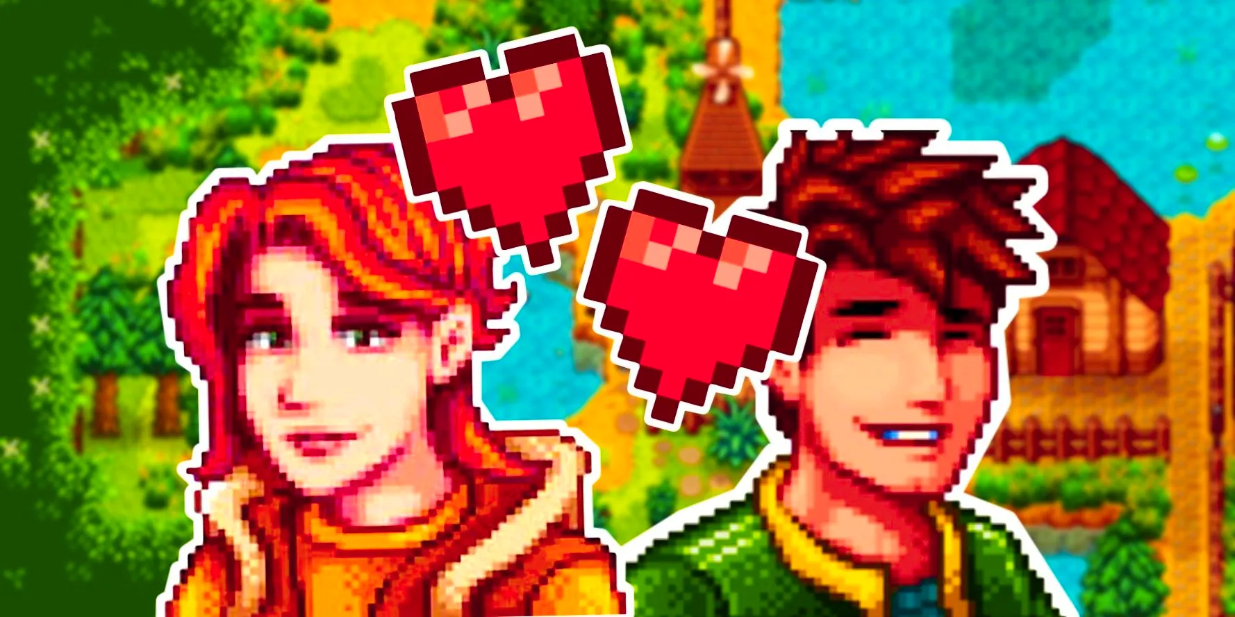 Stardew Valley characters with two pixel hearts between them, over a blurred screenshot of the game. Image