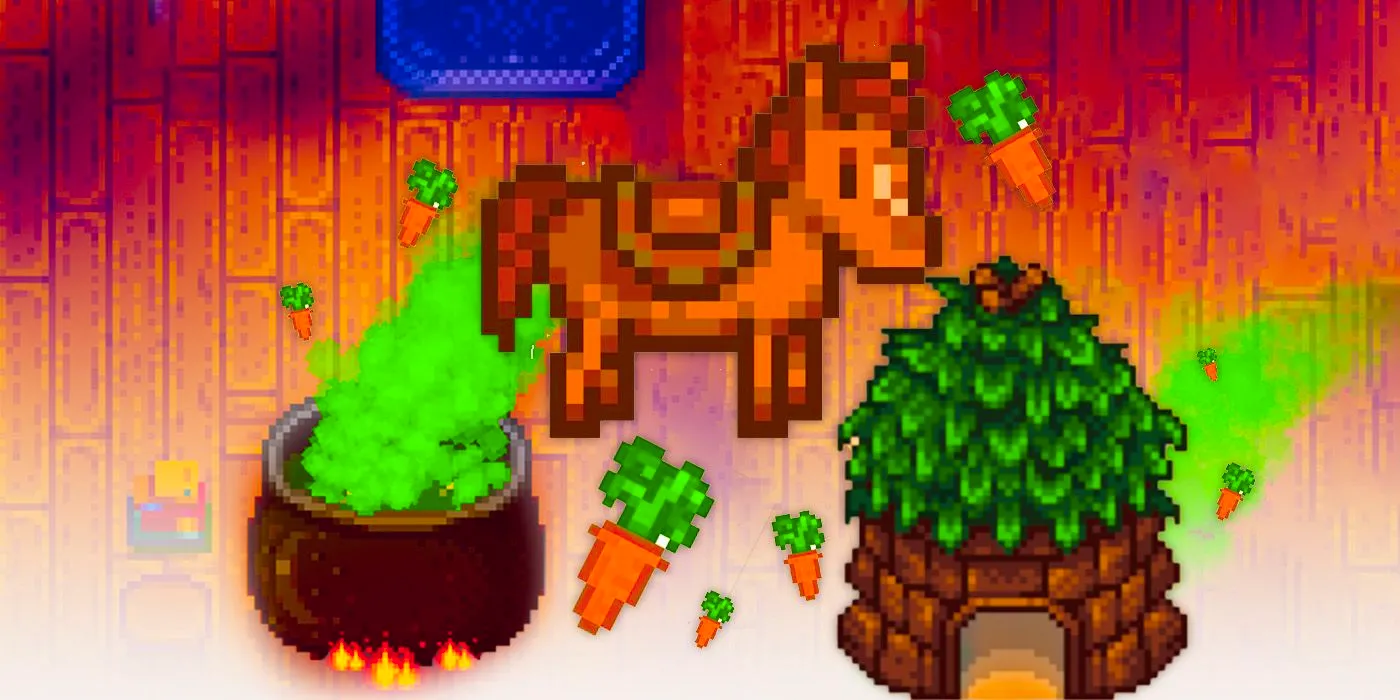 Stardew Valley horse and a carrot, some raisins, and cauldron in Stardew Valley Image