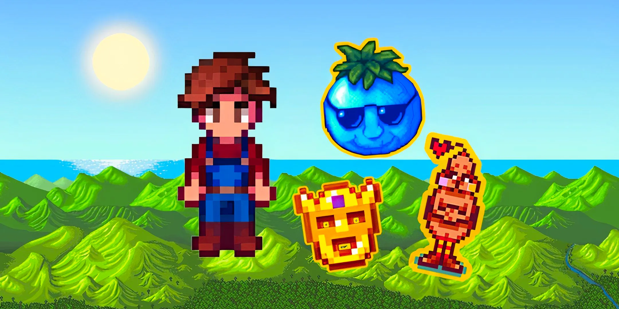 Stardew Valley player character alongside the golden mask and other items Image