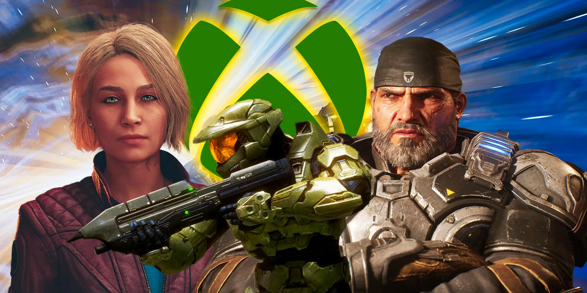 Starfield, Halo, and Gears of War characters with an Xbox logo in the background. Image