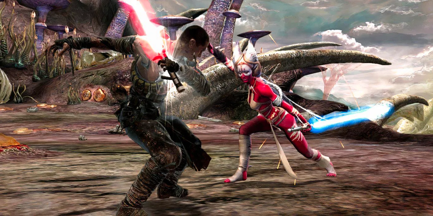 Starkiller duels Jedi Master Shaak Ti on Felucia in the Star Wars: The Force Unleashed video game. Image