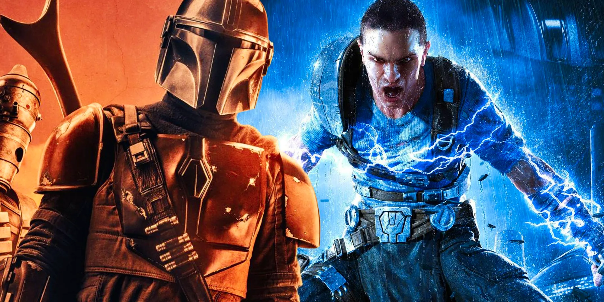 Starkiller from The Force Unleashed next to Din Djarin in The Mandalorian season 1's poster Image