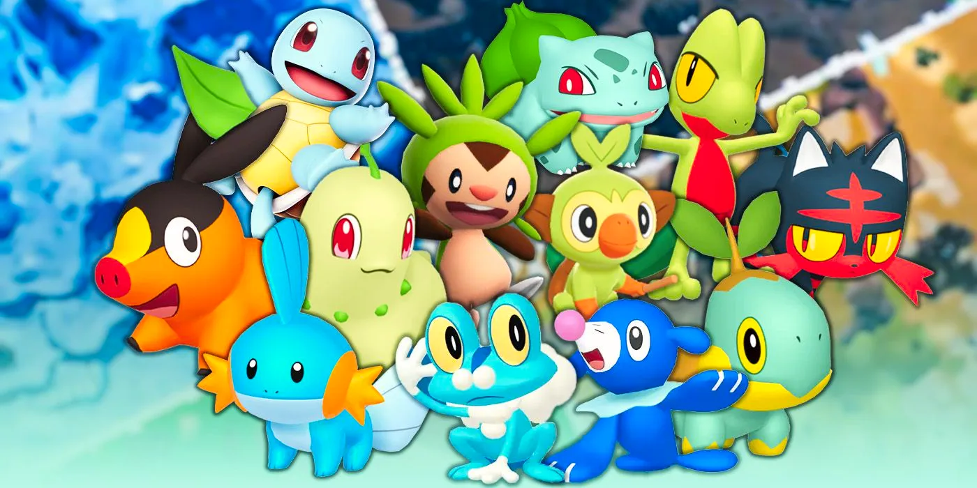 Starter Pokemon, inclding Turtwig, Popleo, Froakie, Mudkip, Grookie, Bulbasaur, Squirtle, and Litten. Image