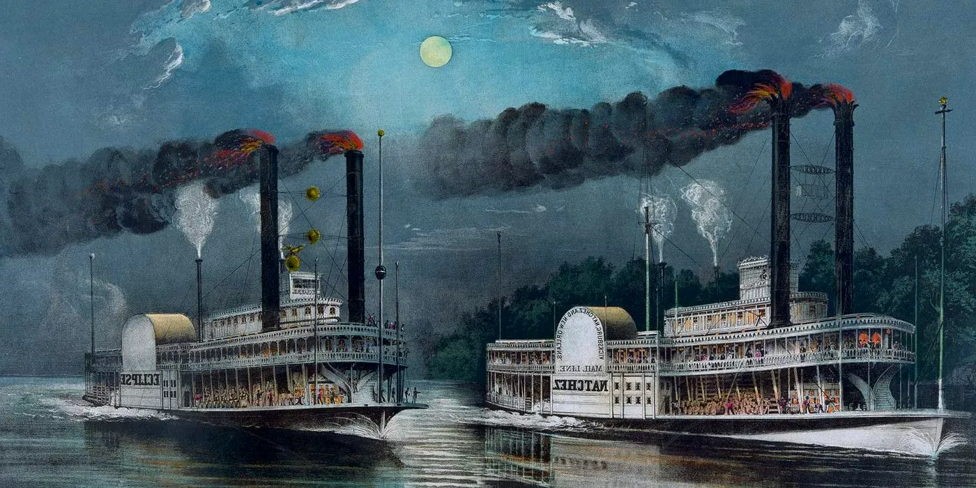 Steambots gliding across the Missippi River with smoke billowing out of them in Fevre Dream by George R.R. Martin Image