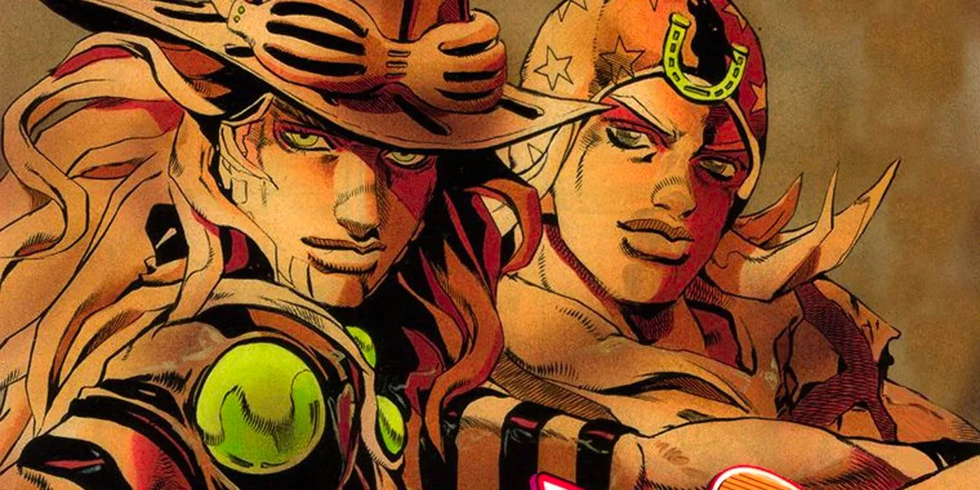 Steel Ball Run's Johnny Joestar and Gyro Zeppeli in sepia tone. Image