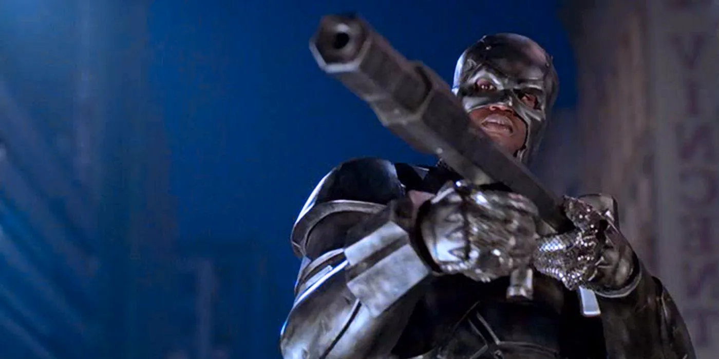 Steel Movie with Shaquille O'Neal aiming a gun in full costume Image