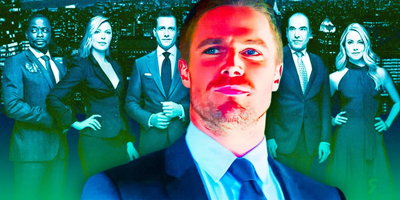 Stephen Amell in front of the Suits cast Image